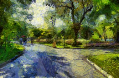 Park manzarası çizimleri empresyonist bir resim tarzı yaratıyor..