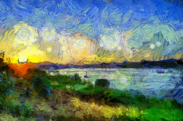 Paisaje Del Río Mekong Época Crepúsculo Ilustraciones Crea Estilo Impresionista —  Fotos de Stock