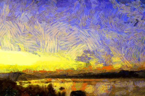 Paisagem Rio Mekong Tempo Crepúsculo Ilustrações Cria Estilo Impressionista Pintura — Fotografia de Stock