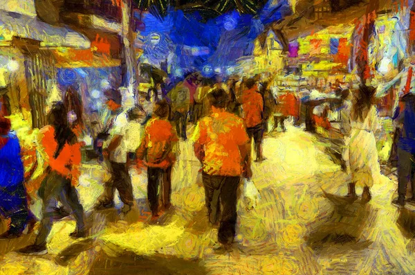Landskap Marknaden Natten Gemenskapsmarknaden Längs Mekong River Illustrationer Skapar Impressionistisk — Stockfoto