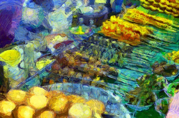 Landscape Market Night Community Market Mekong River Illustrations Creates Impressionist — Stock Photo, Image