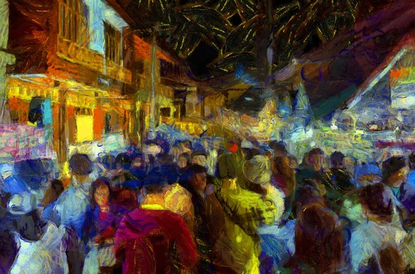 夜の市場の風景 メコン川沿いのコミュニティ市場イラストは絵の印象的なスタイルを作成します — ストック写真