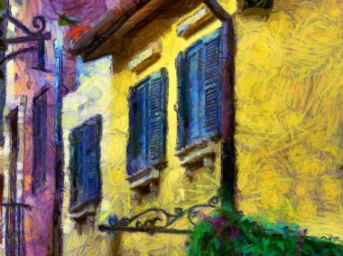 İtalyan stili mimari köy manzarası Illustrations bir empresyonist resim stili yaratıyor.