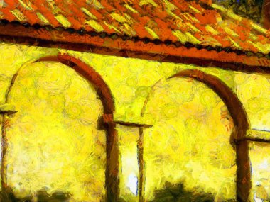 İtalyan stili mimari köy manzarası Illustrations bir empresyonist resim stili yaratıyor.