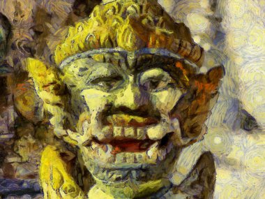 Tayland köylerindeki antik tapınakların manzarası Illustrations, empresyonist bir resim tarzı yaratıyor..