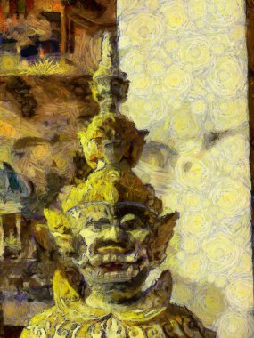 Tayland köylerindeki antik tapınakların manzarası Illustrations, empresyonist bir resim tarzı yaratıyor..