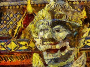 Tayland köylerindeki antik tapınakların manzarası Illustrations, empresyonist bir resim tarzı yaratıyor..