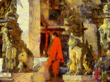 Tayland köylerindeki antik tapınakların manzarası Illustrations, empresyonist bir resim tarzı yaratıyor..