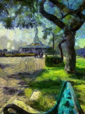 Park manzarası çizimleri empresyonist bir resim tarzı yaratıyor..