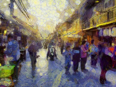 Tayland 'da antik bir ticaret köyünün manzarası empresyonist bir resim tarzı yaratıyor..