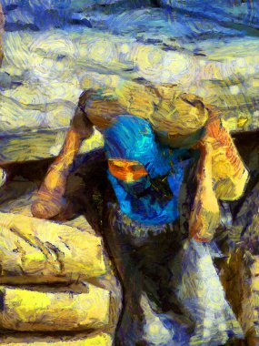 Çimento torbaları taşıyan işçiler Illustrations, empresyonist bir resim tarzı yaratıyor..