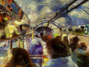 Bir minibus Illustrations yolcusu empresyonist bir resim tarzı yaratıyor.