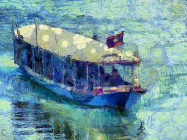 Yolcu gemileri nehirde yüzüyor Illustrations, empresyonist bir resim tarzı yaratıyor..