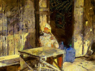 Büyükannem eski bir ahşap evin önünde otururdu. Çizimler empresyonist bir resim tarzı yaratırdı..