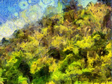 Arkaplandaki ağaç yaprakları Illustrations resmin empresyonist bir stilini yaratır.