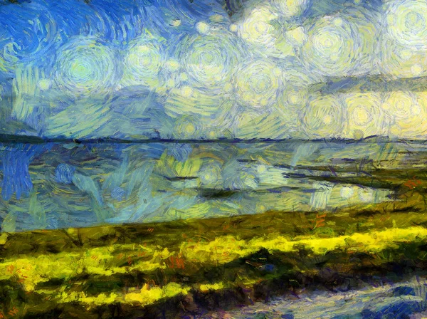 Seenlandschaft Illustrationen Schafft Einen Impressionistischen Malstil — Stockfoto