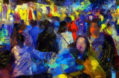 Geceleri piyasanın manzarası, Mekong Nehri 'ndeki toplumsal pazar resimleri izlenimci bir stil yaratıyor..