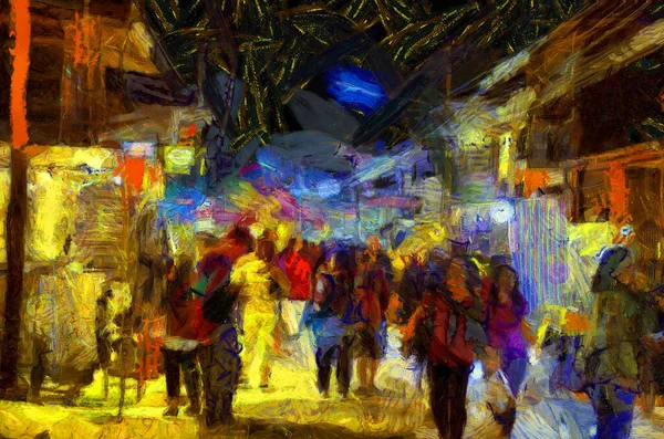夜の市場の風景 メコン川沿いのコミュニティ市場イラストは絵の印象的なスタイルを作成します — ストック写真