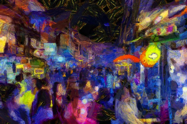 Landskap Marknaden Natten Gemenskapsmarknaden Längs Mekong River Illustrationer Skapar Impressionistisk — Stockfoto