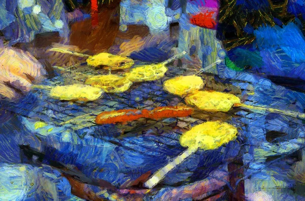 Ландшафт Ранкового Ринку Громадський Ринок Вздовж Річки Меконг Ілюстрації Створюють — стокове фото