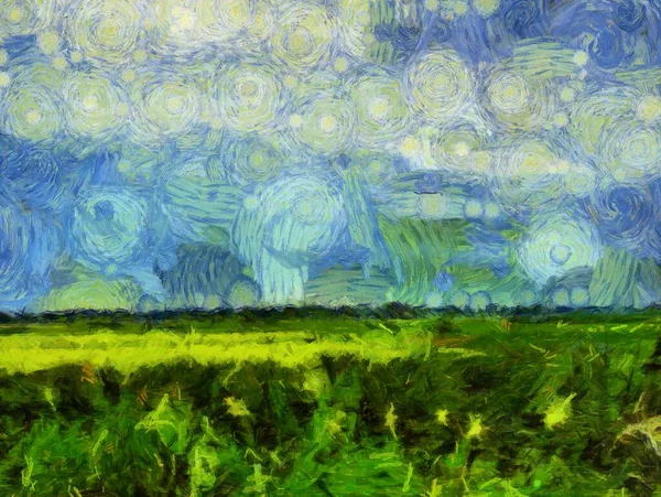 Landschaften Aus Wiesen Wäldern Und Himmel Illustrationen Schafft Einen Impressionistischen — Stockfoto