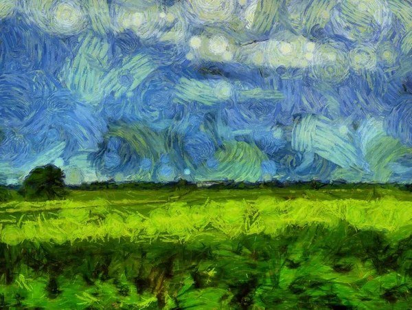 Landschaften Aus Wiesen Wäldern Und Himmel Illustrationen Schafft Einen Impressionistischen — Stockfoto