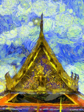 Antik Tayland mimarisi çatı dekorasyonu deseni Illustrasyonları empresyonist bir resim stili yaratıyor.