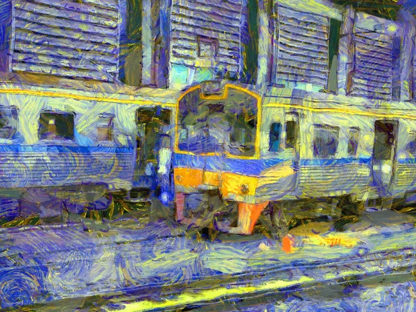 Дизельні Локомотиви Потяги Гаражі Ілюстрації Створюють Імпресіоністський Стиль Живопису — стокове фото