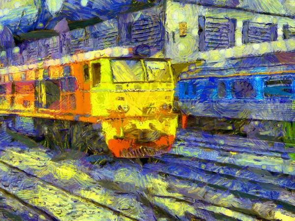 Дизельні Локомотиви Потяги Гаражі Ілюстрації Створюють Імпресіоністський Стиль Живопису — стокове фото