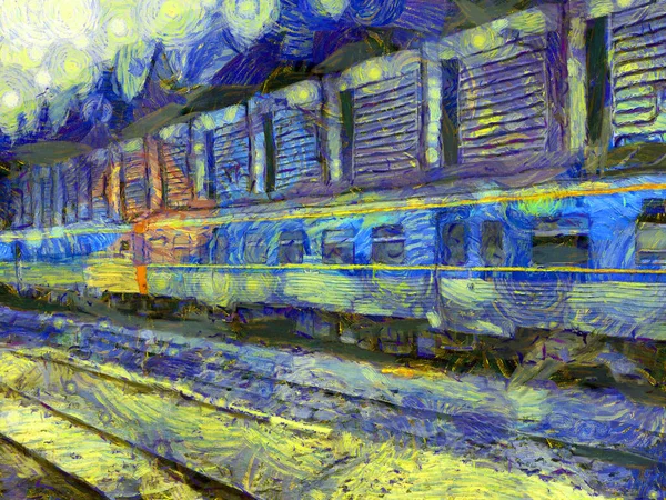 车库里的柴油机车和火车图解创造了一种印象派风格的绘画 — 图库照片