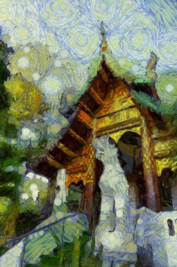 Kuzey Tayland tarzında antik tapınaklar, sanat ve mimari çizimler empresyonist bir resim tarzı yaratır..