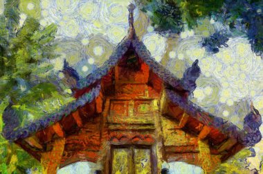 Kuzey Tayland tarzında antik tapınaklar, sanat ve mimari çizimler empresyonist bir resim tarzı yaratır..