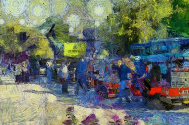 Kuzey Tayland tarzında antik tapınaklar, sanat ve mimari çizimler empresyonist bir resim tarzı yaratır..