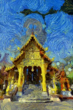 Kuzey Tayland tarzında antik tapınaklar, sanat ve mimari çizimler empresyonist bir resim tarzı yaratır..