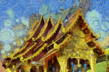 Kuzey Tayland tarzında antik tapınaklar, sanat ve mimari çizimler empresyonist bir resim tarzı yaratır..