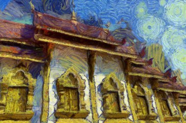 Kuzey Tayland tarzında antik tapınaklar, sanat ve mimari çizimler empresyonist bir resim tarzı yaratır..