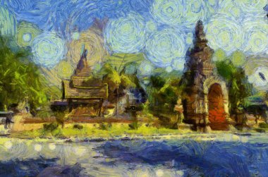 Kuzey Tayland tarzında antik tapınaklar, sanat ve mimari çizimler empresyonist bir resim tarzı yaratır..