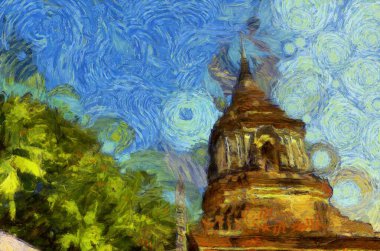 Antik pagoda çizimleri empresyonist bir resim stili yaratıyor.