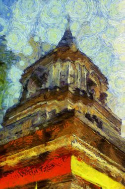 Antik pagoda çizimleri empresyonist bir resim stili yaratıyor.