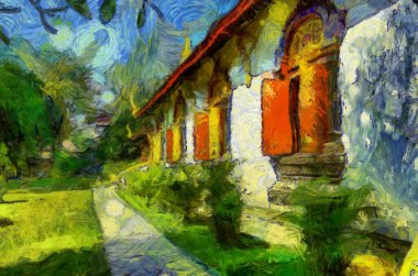 Kuzey Tayland tarzında antik tapınaklar, sanat ve mimari çizimler empresyonist bir resim tarzı yaratır..