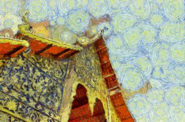 Kuzey Tayland tarzında antik tapınaklar, sanat ve mimari çizimler empresyonist bir resim tarzı yaratır..