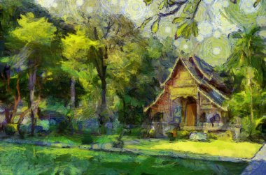 Kuzey Tayland tarzında antik tapınaklar, sanat ve mimari çizimler empresyonist bir resim tarzı yaratır..