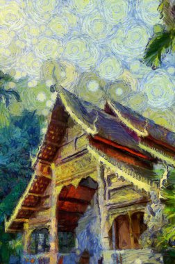 Kuzey Tayland tarzında antik tapınaklar, sanat ve mimari çizimler empresyonist bir resim tarzı yaratır..