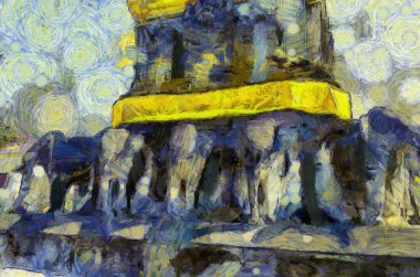 Antik pagoda çizimleri empresyonist bir resim stili yaratıyor.