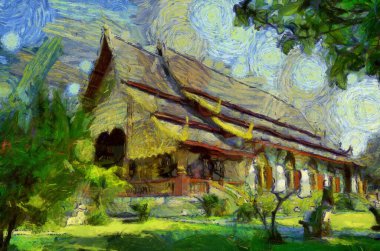 Kuzey Tayland tarzında antik tapınaklar, sanat ve mimari çizimler empresyonist bir resim tarzı yaratır..