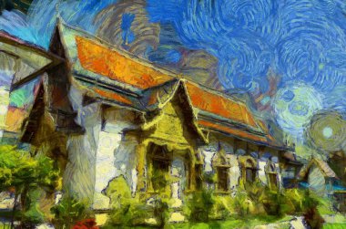 Kuzey Tayland tarzında antik tapınaklar, sanat ve mimari çizimler empresyonist bir resim tarzı yaratır..