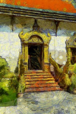 Kuzey Tayland tarzında antik tapınaklar, sanat ve mimari çizimler empresyonist bir resim tarzı yaratır..