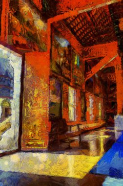 Kuzey Tayland tarzında antik tapınaklar, sanat ve mimari çizimler empresyonist bir resim tarzı yaratır..