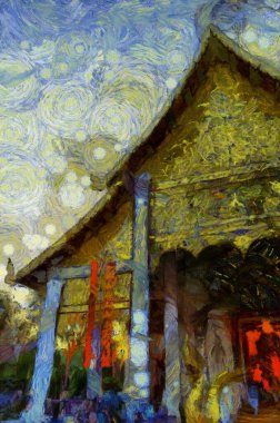 Kuzey Tayland tarzında antik tapınaklar, sanat ve mimari çizimler empresyonist bir resim tarzı yaratır..