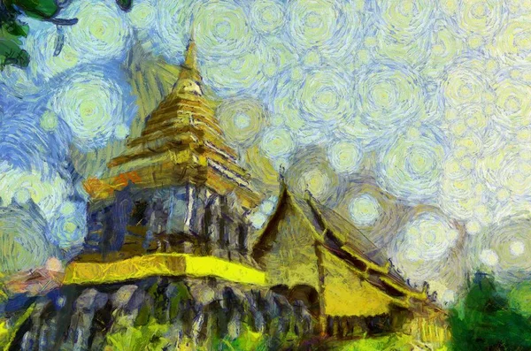 Ősi Pagoda Illusztrációk Létrehoz Egy Impresszionista Stílus Festészet — Stock Fotó